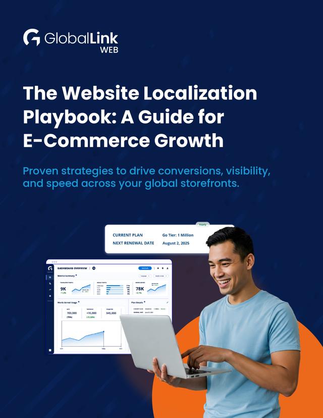 The Website Localization Playbook: A Guide for E-Commerce Growth by GlobalLink Web - Cover showing dashboard analytics and global storefront metrics
